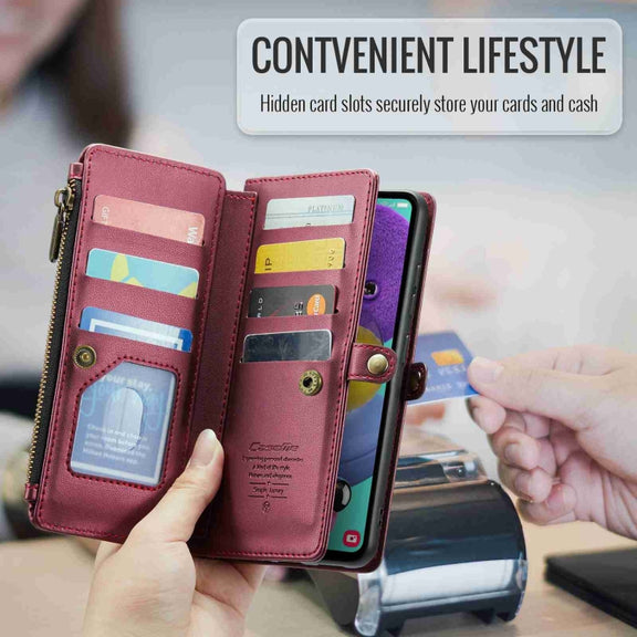For Samsung Galaxy A51 4G CaseMe C36 Card Slots Zipper Wallet RFID Anti-theft Leather Phone Case(Wine Red)