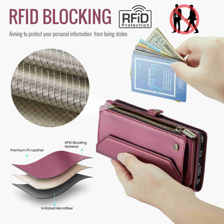 For Samsung Galaxy A51 4G CaseMe C36 Card Slots Zipper Wallet RFID Anti-theft Leather Phone Case(Wine Red)