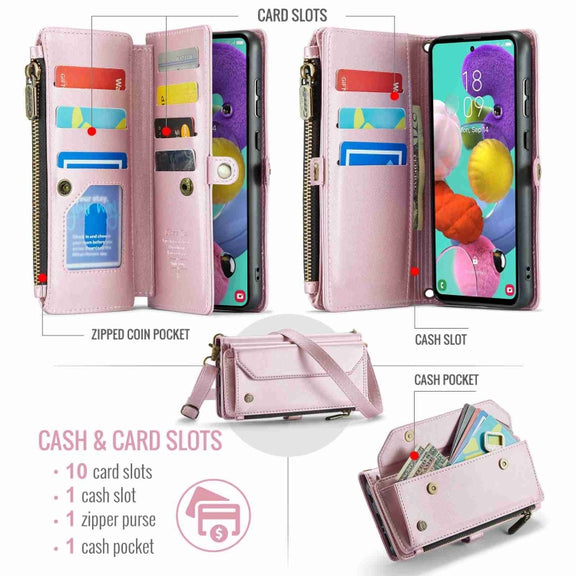 For Samsung Galaxy A51 4G CaseMe C36 Card Slots Zipper Wallet RFID Anti-theft Leather Phone Case(Pink)
