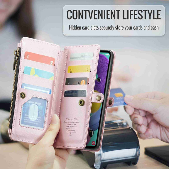 For Samsung Galaxy A51 4G CaseMe C36 Card Slots Zipper Wallet RFID Anti-theft Leather Phone Case(Pink)