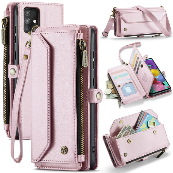 For Samsung Galaxy A51 4G CaseMe C36 Card Slots Zipper Wallet RFID Anti-theft Leather Phone Case(Pink)