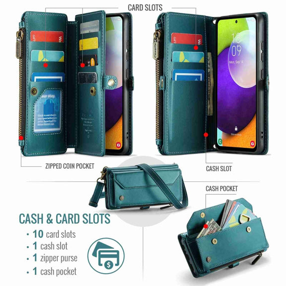For Samsung Galaxy A52 / A52s 5G CaseMe C36 Card Slots Zipper Wallet RFID Anti-theft Leather Phone Case(Blue-green)