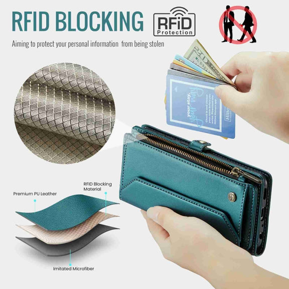 For Samsung Galaxy A52 / A52s 5G CaseMe C36 Card Slots Zipper Wallet RFID Anti-theft Leather Phone Case(Blue-green)