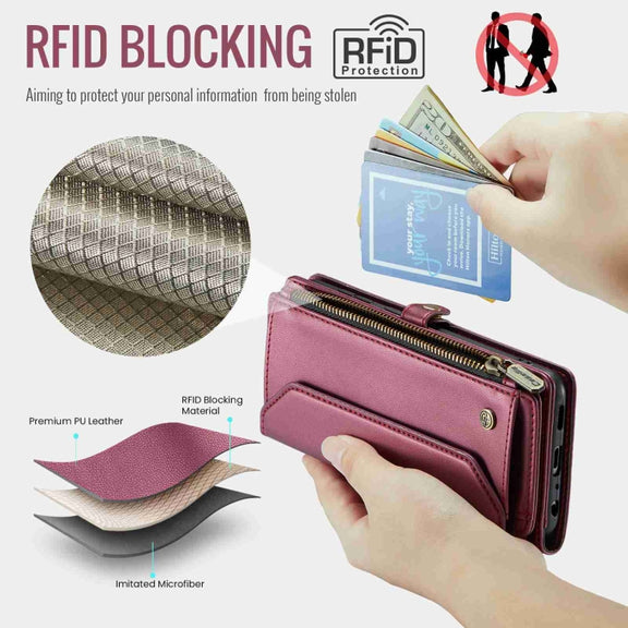 For Samsung Galaxy A52 / A52s 5G CaseMe C36 Card Slots Zipper Wallet RFID Anti-theft Leather Phone Case(Wine Red)