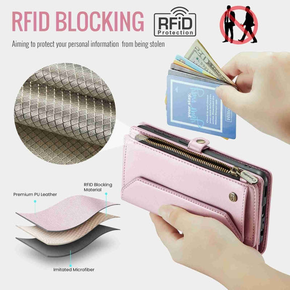 For Samsung Galaxy A52 / A52s 5G CaseMe C36 Card Slots Zipper Wallet RFID Anti-theft Leather Phone Case(Pink)