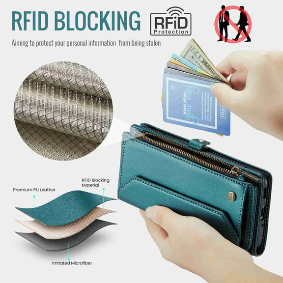 For Samsung Galaxy A53 5G CaseMe C36 Card Slots Zipper Wallet RFID Anti-theft Leather Phone Case(Blue-green)