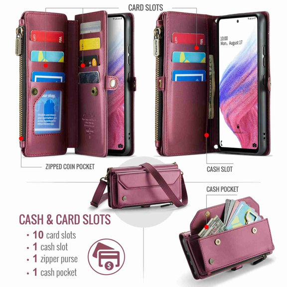 For Samsung Galaxy A53 5G CaseMe C36 Card Slots Zipper Wallet RFID Anti-theft Leather Phone Case(Wine Red)