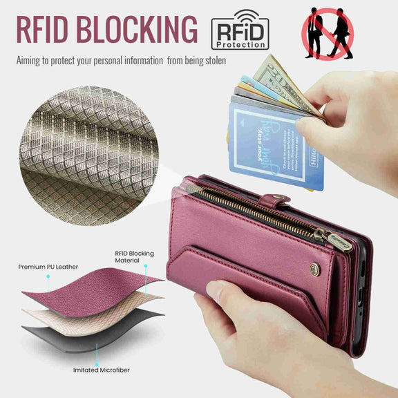 For Samsung Galaxy A53 5G CaseMe C36 Card Slots Zipper Wallet RFID Anti-theft Leather Phone Case(Wine Red)