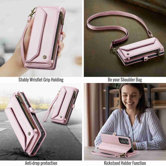 For Samsung Galaxy A53 5G CaseMe C36 Card Slots Zipper Wallet RFID Anti-theft Leather Phone Case(Pink)