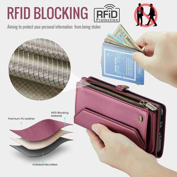 For Samsung Galaxy A54 5G CaseMe C36 Card Slots Zipper Wallet RFID Anti-theft Leather Phone Case(Wine Red)