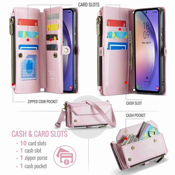 For Samsung Galaxy A54 5G CaseMe C36 Card Slots Zipper Wallet RFID Anti-theft Leather Phone Case(Pink)