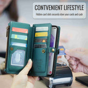 For Samsung Galaxy A55 5G CaseMe C36 Card Slots Zipper Wallet RFID Anti-theft Leather Phone Case(Blue-green)