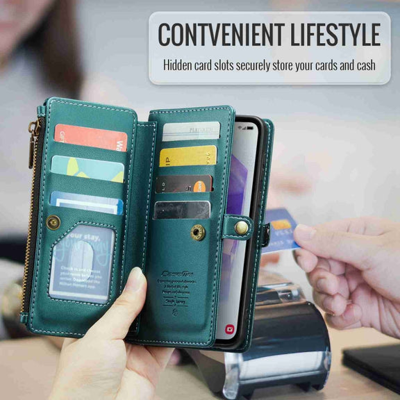 For Samsung Galaxy A55 5G CaseMe C36 Card Slots Zipper Wallet RFID Anti-theft Leather Phone Case(Blue-green)