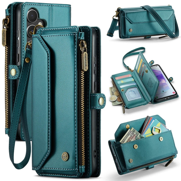For Samsung Galaxy A55 5G CaseMe C36 Card Slots Zipper Wallet RFID Anti-theft Leather Phone Case(Blue-green)