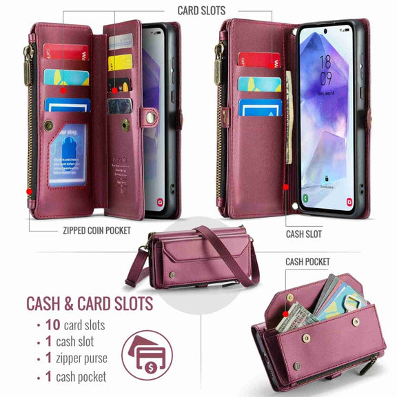 For Samsung Galaxy A55 5G CaseMe C36 Card Slots Zipper Wallet RFID Anti-theft Leather Phone Case(Wine Red)