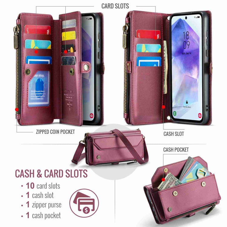 For Samsung Galaxy A55 5G CaseMe C36 Card Slots Zipper Wallet RFID Anti-theft Leather Phone Case(Wine Red)