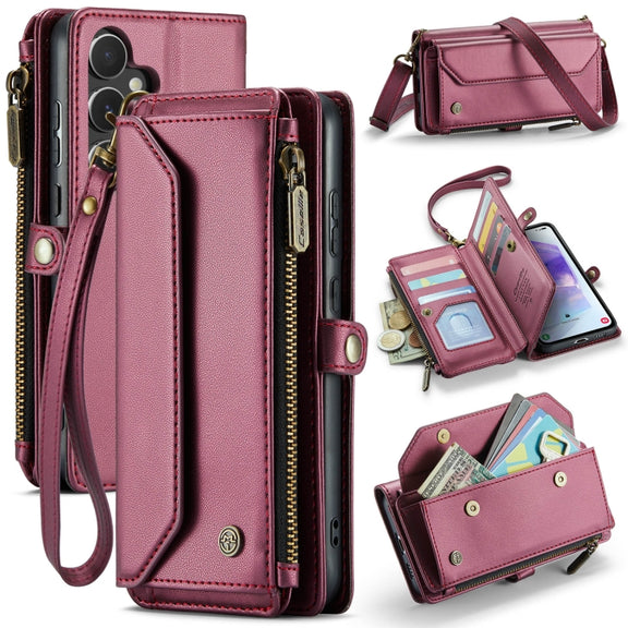 For Samsung Galaxy A55 5G CaseMe C36 Card Slots Zipper Wallet RFID Anti-theft Leather Phone Case(Wine Red)