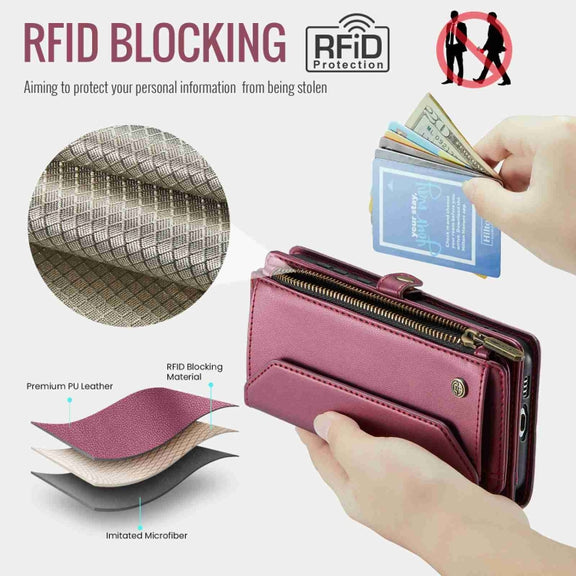For Samsung Galaxy A55 5G CaseMe C36 Card Slots Zipper Wallet RFID Anti-theft Leather Phone Case(Wine Red)