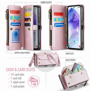 For Samsung Galaxy A55 5G CaseMe C36 Card Slots Zipper Wallet RFID Anti-theft Leather Phone Case(Pink)