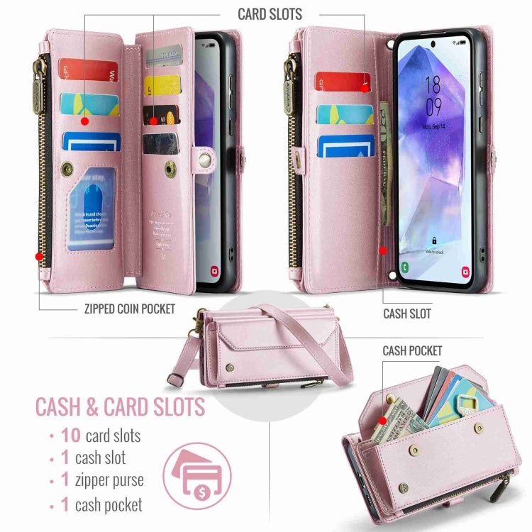 For Samsung Galaxy A55 5G CaseMe C36 Card Slots Zipper Wallet RFID Anti-theft Leather Phone Case(Pink)
