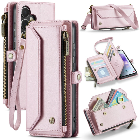For Samsung Galaxy A55 5G CaseMe C36 Card Slots Zipper Wallet RFID Anti-theft Leather Phone Case(Pink)