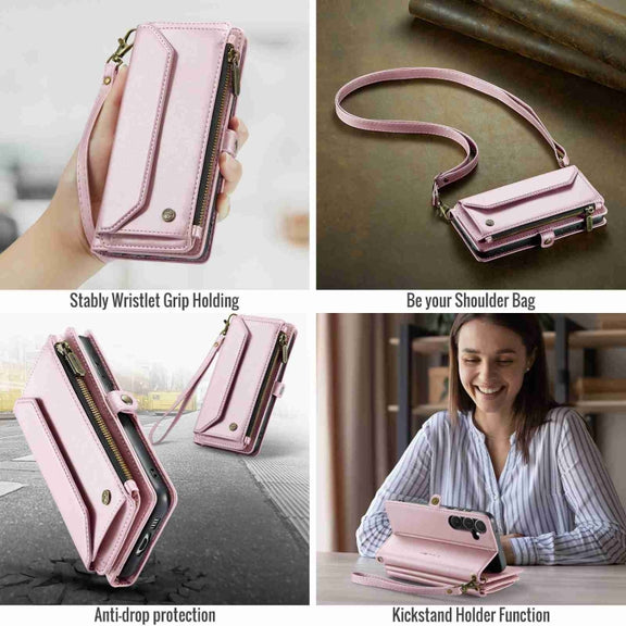 For Samsung Galaxy A55 5G CaseMe C36 Card Slots Zipper Wallet RFID Anti-theft Leather Phone Case(Pink)