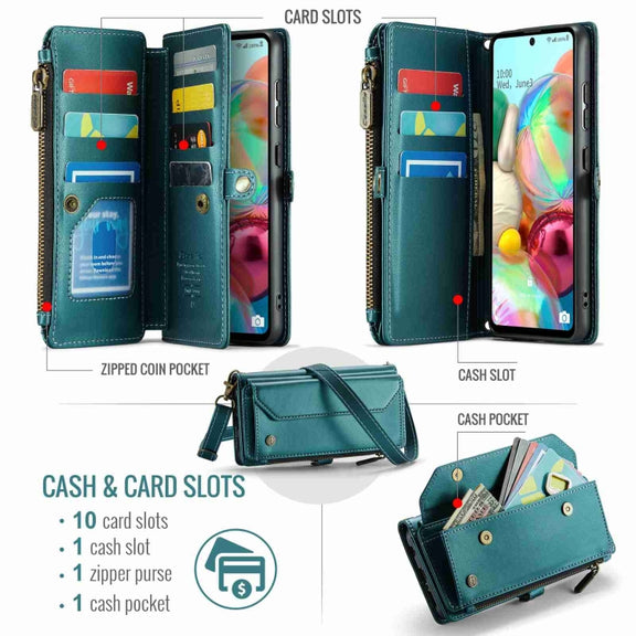 For Samsung Galaxy A71 4G CaseMe C36 Card Slots Zipper Wallet RFID Anti-theft Leather Phone Case(Blue-green)