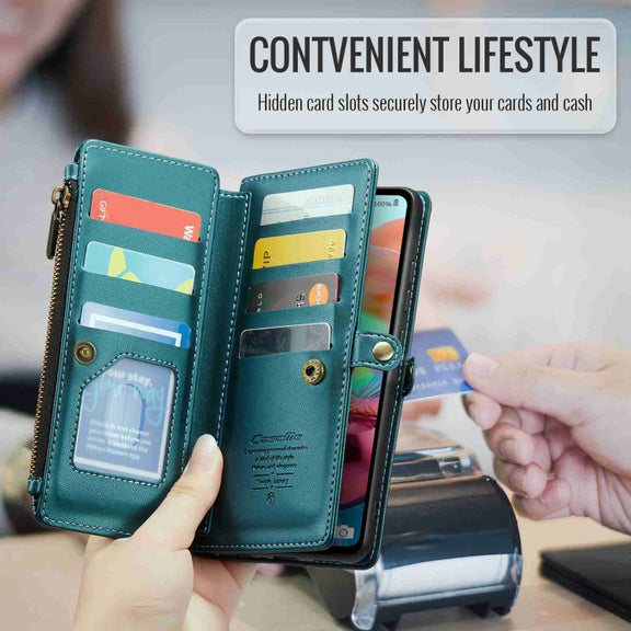 For Samsung Galaxy A71 4G CaseMe C36 Card Slots Zipper Wallet RFID Anti-theft Leather Phone Case(Blue-green)