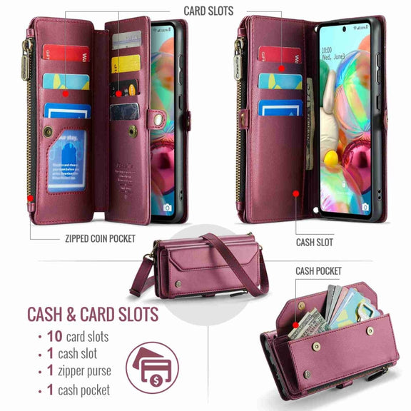 For Samsung Galaxy A71 4G CaseMe C36 Card Slots Zipper Wallet RFID Anti-theft Leather Phone Case(Wine Red)