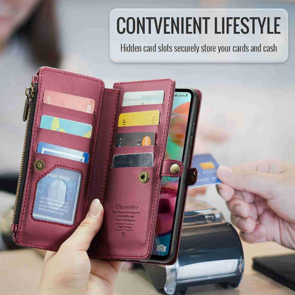 For Samsung Galaxy A71 4G CaseMe C36 Card Slots Zipper Wallet RFID Anti-theft Leather Phone Case(Wine Red)