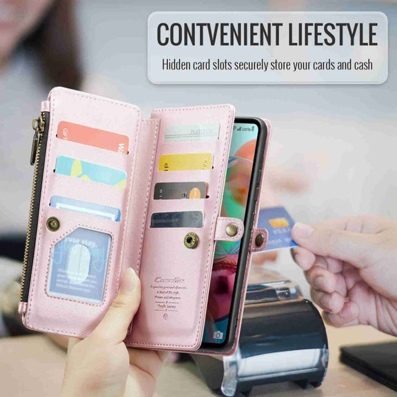 For Samsung Galaxy A71 4G CaseMe C36 Card Slots Zipper Wallet RFID Anti-theft Leather Phone Case(Pink)