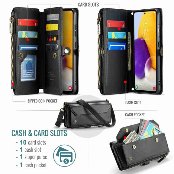 For Samsung Galaxy A72 CaseMe C36 Card Slots Zipper Wallet RFID Anti-theft Leather Phone Case(Black)