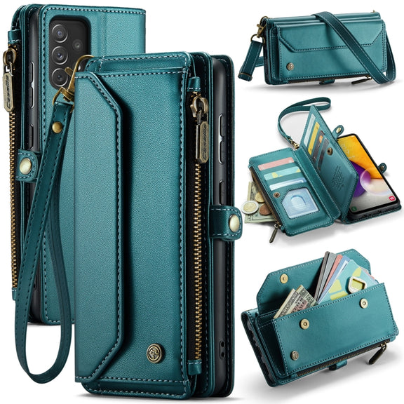 For Samsung Galaxy A72 CaseMe C36 Card Slots Zipper Wallet RFID Anti-theft Leather Phone Case(Blue-green)