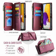 For Samsung Galaxy A72 CaseMe C36 Card Slots Zipper Wallet RFID Anti-theft Leather Phone Case(Wine Red)