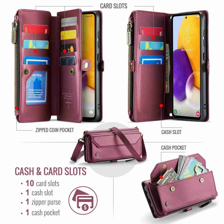 For Samsung Galaxy A72 CaseMe C36 Card Slots Zipper Wallet RFID Anti-theft Leather Phone Case(Wine Red)