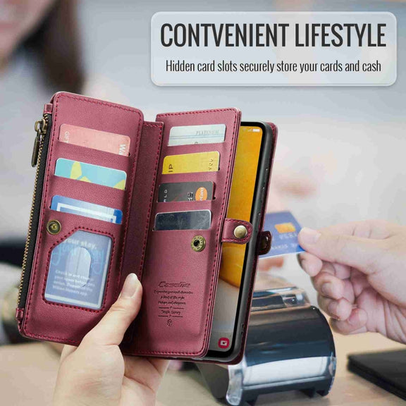 For Samsung Galaxy A72 CaseMe C36 Card Slots Zipper Wallet RFID Anti-theft Leather Phone Case(Wine Red)