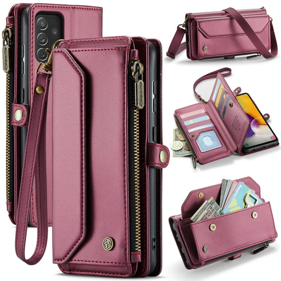 For Samsung Galaxy A72 CaseMe C36 Card Slots Zipper Wallet RFID Anti-theft Leather Phone Case(Wine Red)