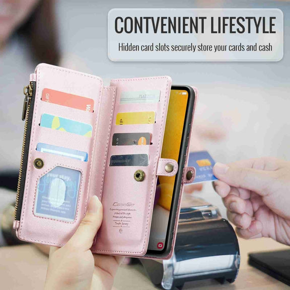 For Samsung Galaxy A72 CaseMe C36 Card Slots Zipper Wallet RFID Anti-theft Leather Phone Case(Pink)