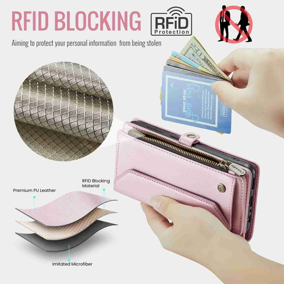 For Samsung Galaxy A72 CaseMe C36 Card Slots Zipper Wallet RFID Anti-theft Leather Phone Case(Pink)