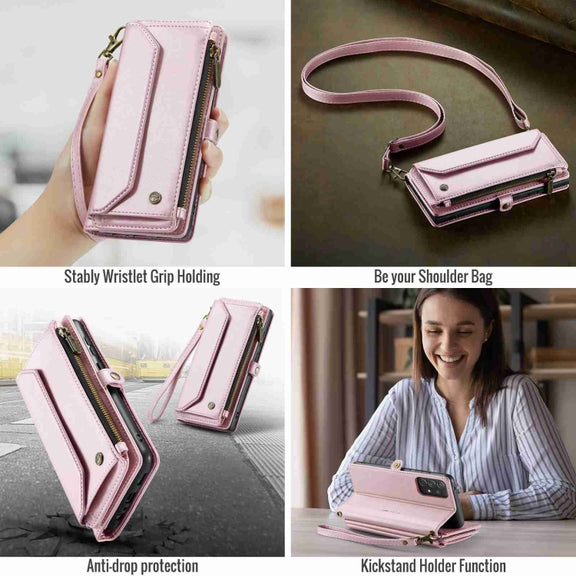 For Samsung Galaxy A72 CaseMe C36 Card Slots Zipper Wallet RFID Anti-theft Leather Phone Case(Pink)