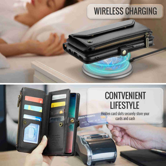 For Samsung Galaxy S10+ CaseMe C36 Card Slots Zipper Wallet RFID Anti-theft Leather Phone Case(Black)
