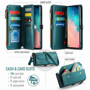 For Samsung Galaxy S10+ CaseMe C36 Card Slots Zipper Wallet RFID Anti-theft Leather Phone Case(Blue-green)