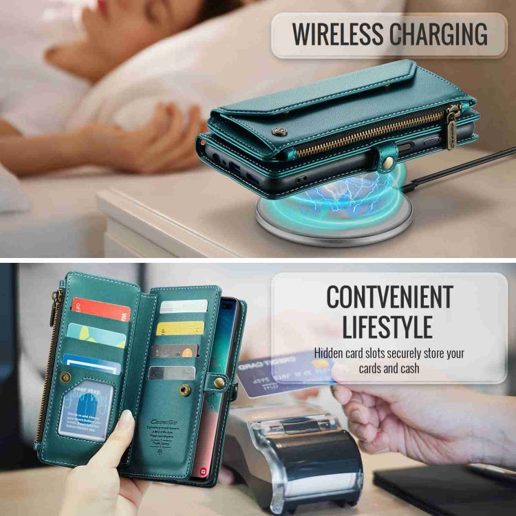 For Samsung Galaxy S10+ CaseMe C36 Card Slots Zipper Wallet RFID Anti-theft Leather Phone Case(Blue-green)