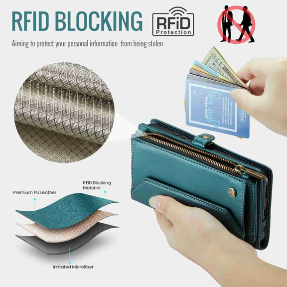 For Samsung Galaxy S10+ CaseMe C36 Card Slots Zipper Wallet RFID Anti-theft Leather Phone Case(Blue-green)