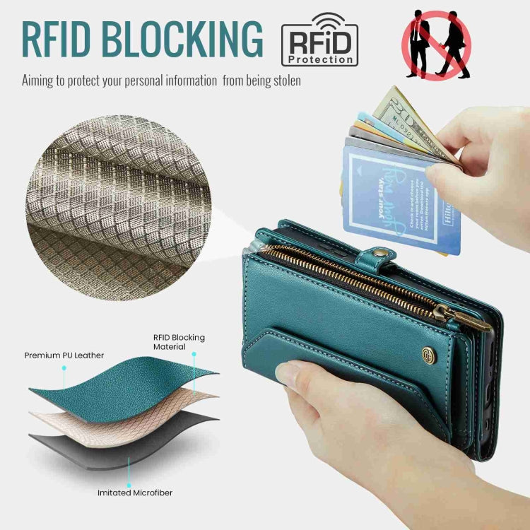 For Samsung Galaxy S10+ CaseMe C36 Card Slots Zipper Wallet RFID Anti-theft Leather Phone Case(Blue-green)