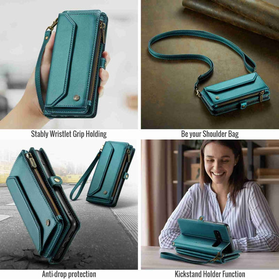 For Samsung Galaxy S10+ CaseMe C36 Card Slots Zipper Wallet RFID Anti-theft Leather Phone Case(Blue-green)