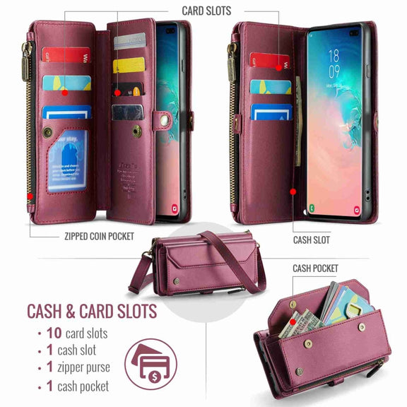 For Samsung Galaxy S10+ CaseMe C36 Card Slots Zipper Wallet RFID Anti-theft Leather Phone Case(Wine Red)