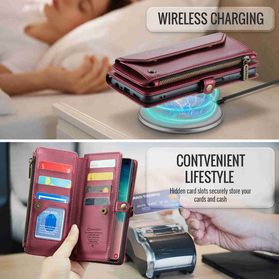 For Samsung Galaxy S10+ CaseMe C36 Card Slots Zipper Wallet RFID Anti-theft Leather Phone Case(Wine Red)