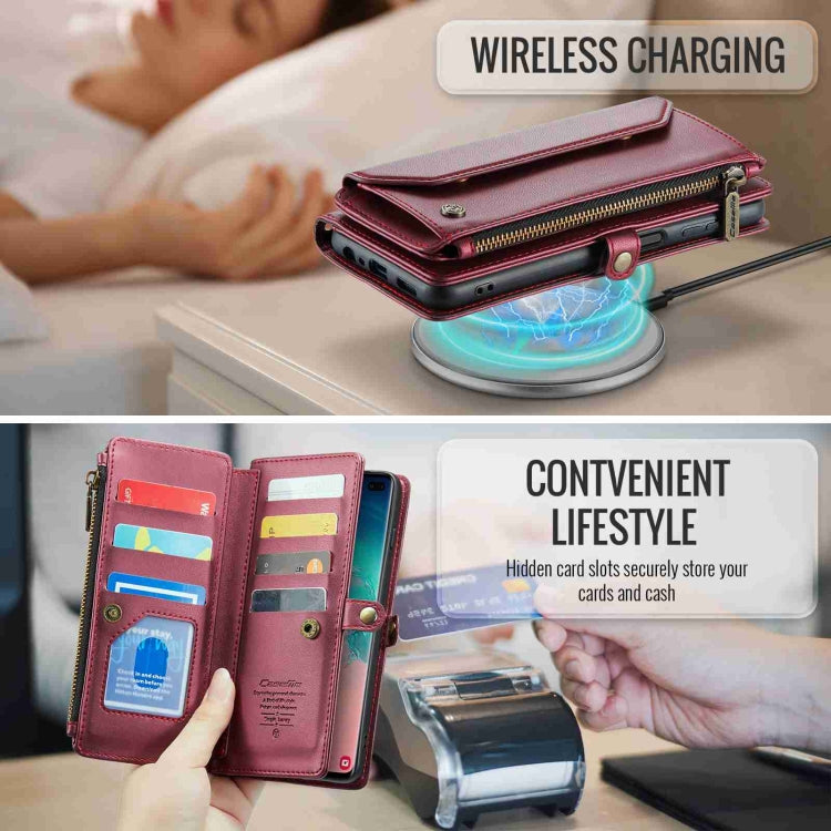 For Samsung Galaxy S10+ CaseMe C36 Card Slots Zipper Wallet RFID Anti-theft Leather Phone Case(Wine Red)