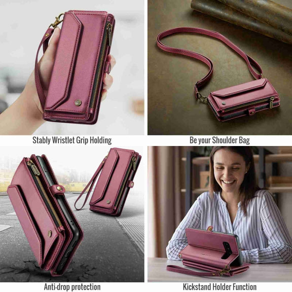 For Samsung Galaxy S10+ CaseMe C36 Card Slots Zipper Wallet RFID Anti-theft Leather Phone Case(Wine Red)